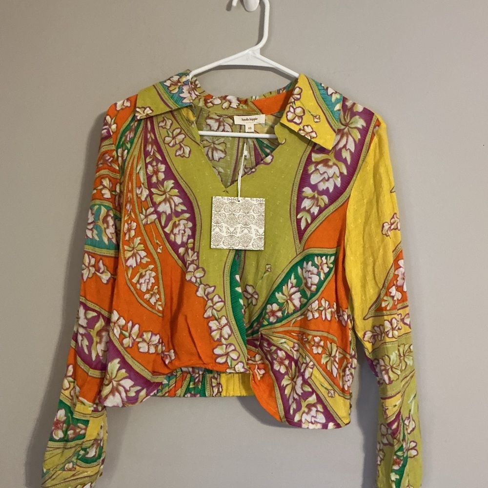 NWT Haute Hippie XS Cropped Boho Top 70s Floral Retro Festival - Picture 3 of 10